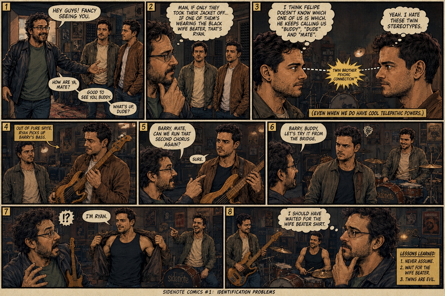 Sidenote Comics issue one, Identification Problems: an eight-panel comic about Felipe confusing Barry and Ryan