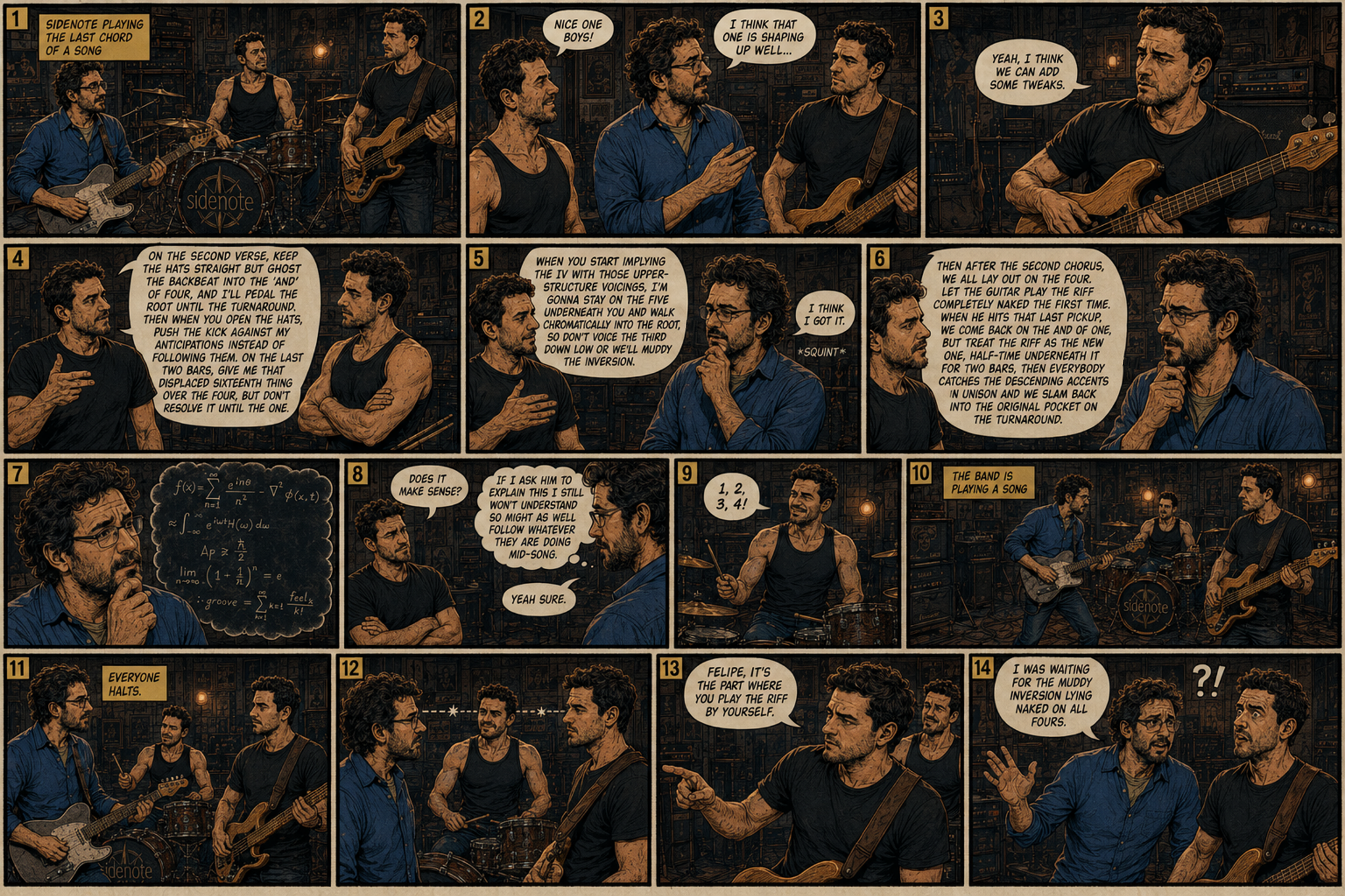 Sidenote Comics issue two, Communication Breakdown: the band tries to explain a complicated musical arrangement