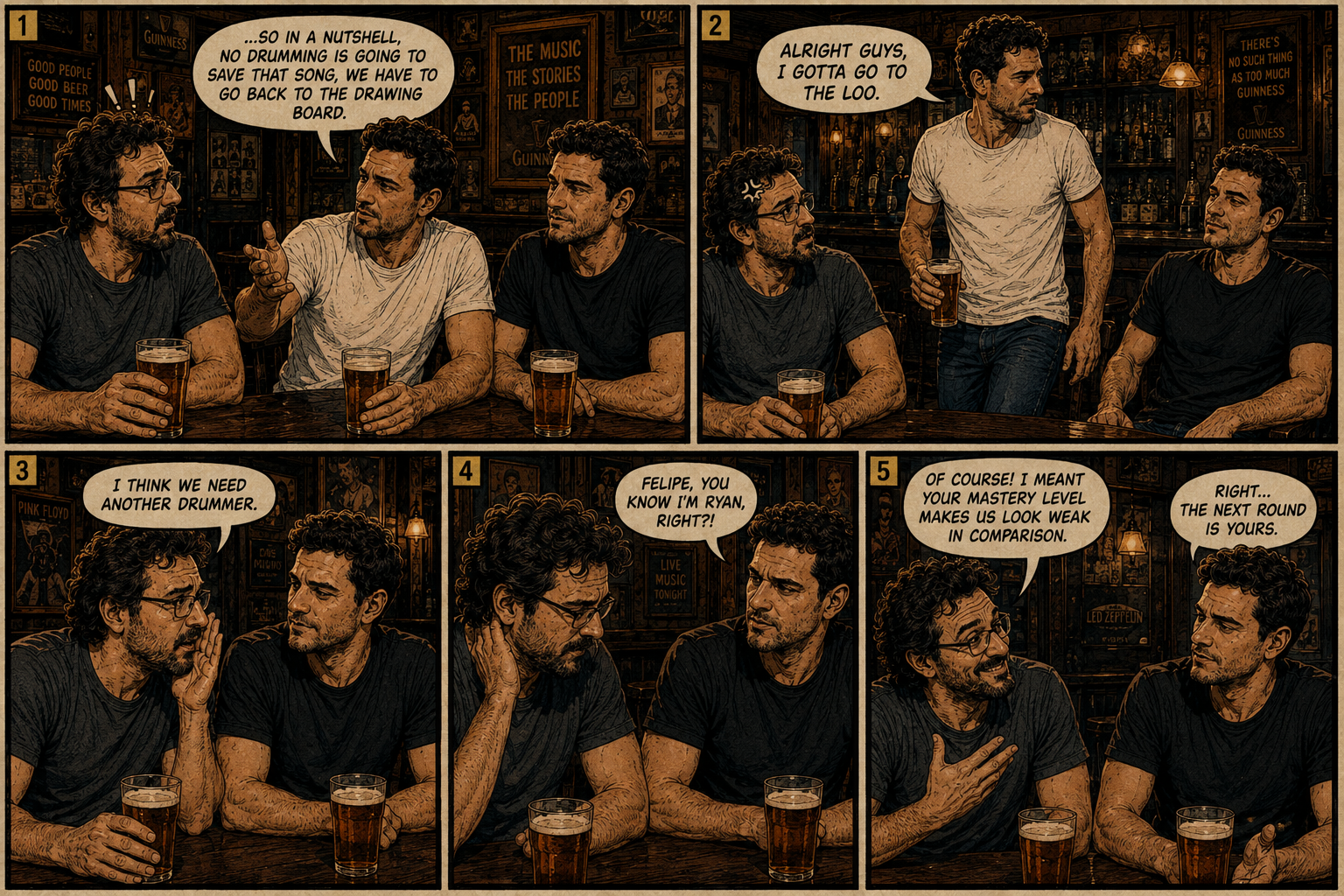 Sidenote Comics issue three, Drawing Board: a pub conversation leads Felipe to confuse Barry and Ryan again