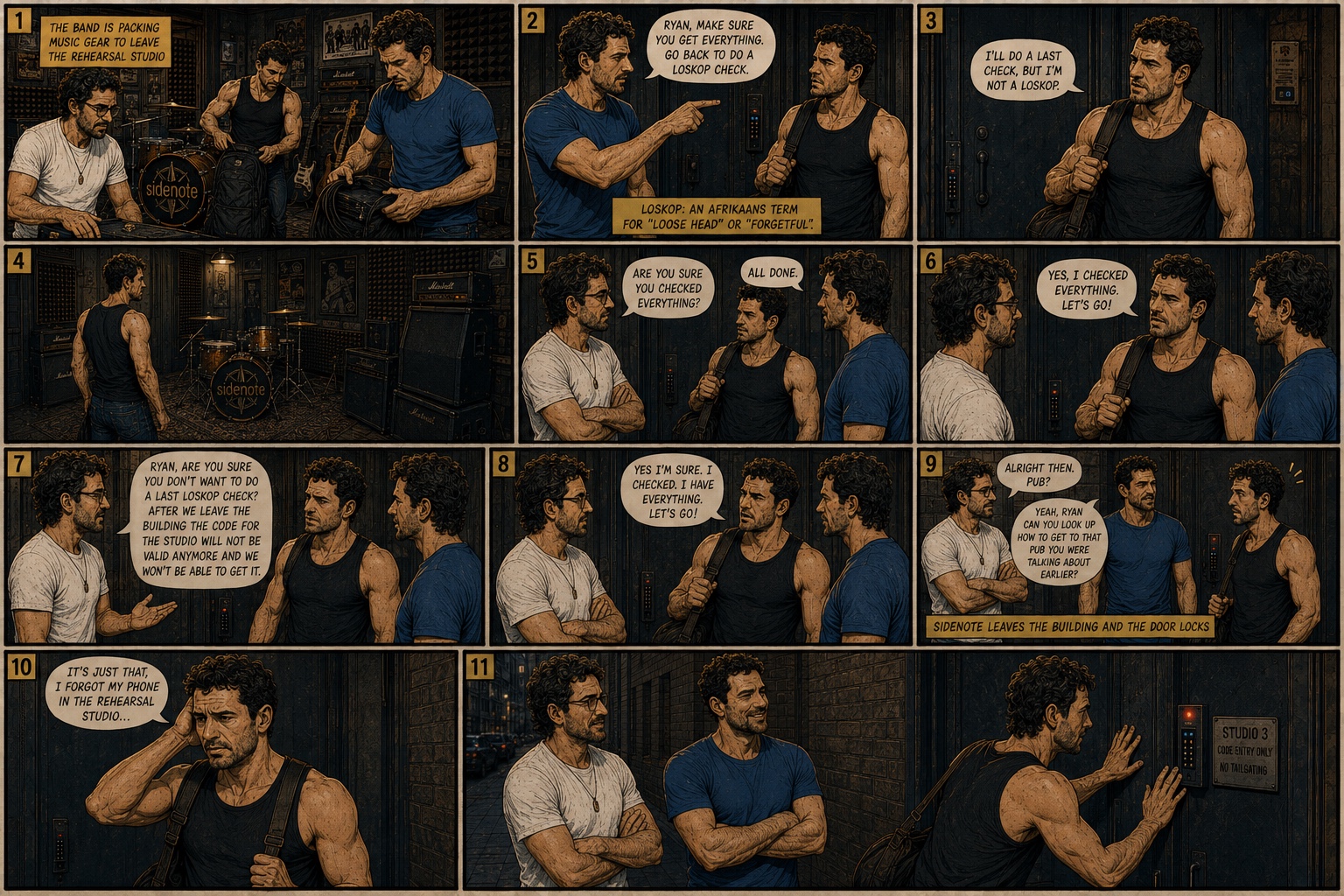 Sidenote Comics issue four, Loskop: Ryan repeatedly checks the rehearsal studio before forgetting his phone inside